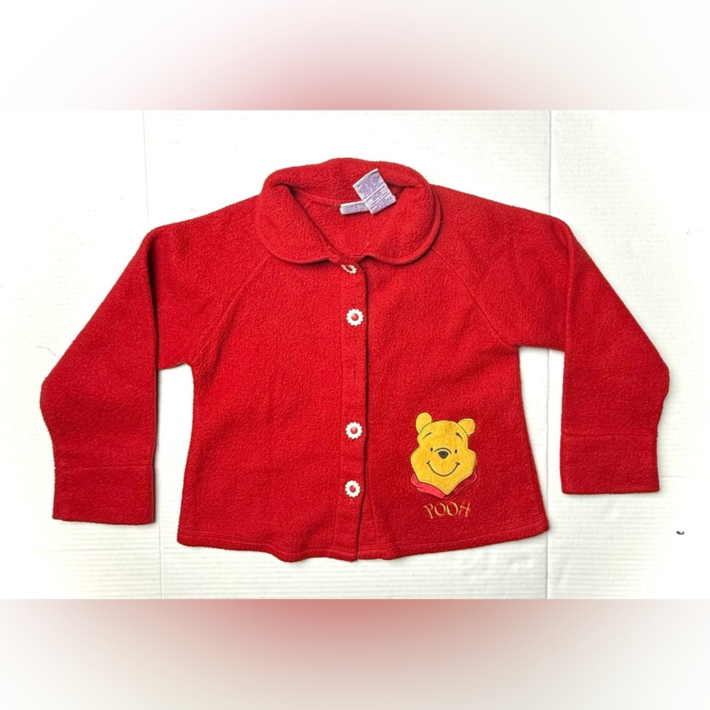 Vintage Pooh Cardigan Girls Medium 5 / 6 Red Fleece Flower Button 90s Embroidery